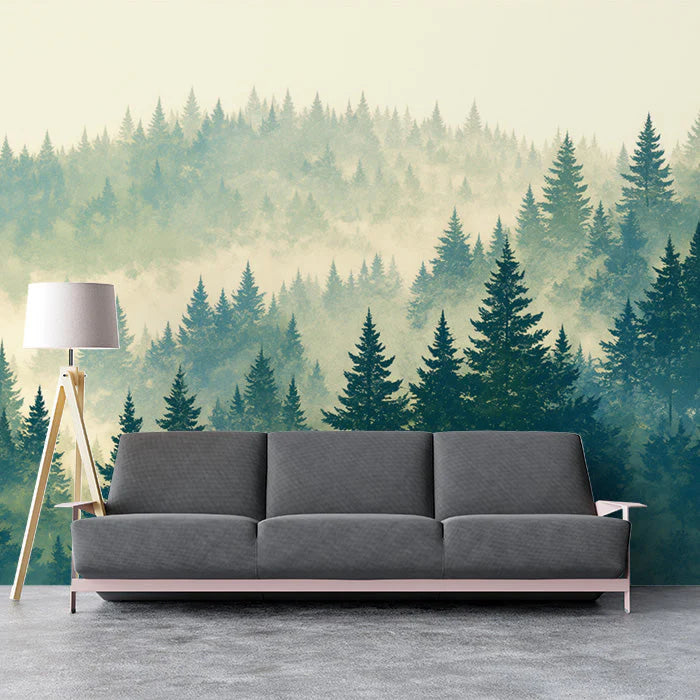 Misty Forest Mural Wallpaper Green Blue and Beige Forest Mural Wallpaper