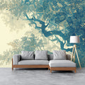Abstract Tree with Geometric Details Mural Wallpaper Blue Green and Beige Mural Wallpaper - pure wallpaper artwork