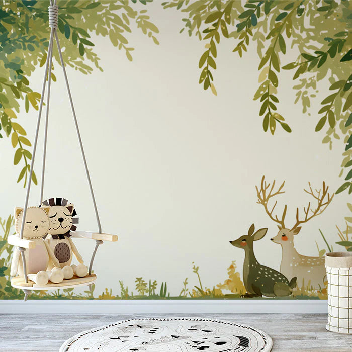 Deer and Leafy Canopy Mural Wallpaper Green Yellow and Beige Deer Mural Wallpaper - pure wallpaper artwork