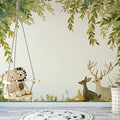 Deer and Leafy Canopy Mural Wallpaper Green Yellow and Beige Deer Mural Wallpaper - pure wallpaper artwork
