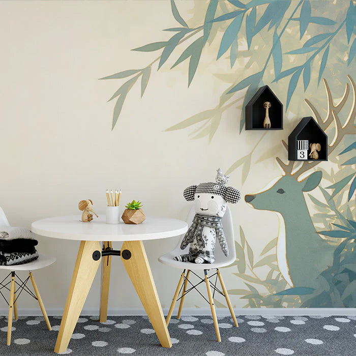 Deer and Bamboo Mural Wallpaper Green Blue and Beige Bamboo and Deer Mural Wallpaper - pure wallpaper artwork
