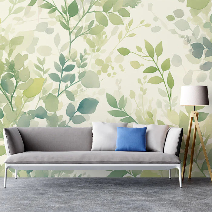 Green Leafy Mural Wallpaper for a living room Various Shades of Green and Beige Leaves Mural Wallpaper