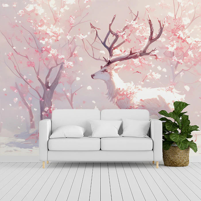 Pink Blossom and Deer Mural Wallpaper Pink White and Light Brown Deer Mural Wallpaper - pure wallpaper artwork