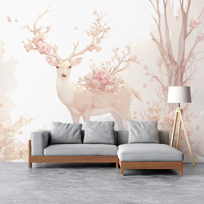 Deer with Floral Antlers Mural Wallpaper Beige Pink and Light Brown Deer Mural Wallpaper