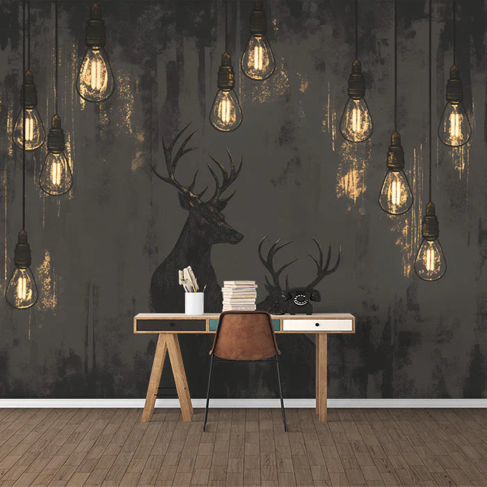 Dark Industrial Deer and Bulb Mural Wallpaper Black Brown and Gold Deer Mural Wallpaper - pure wallpaper artwork