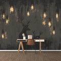 Dark Industrial Deer and Bulb Mural Wallpaper Black Brown and Gold Deer Mural Wallpaper - pure wallpaper artwork