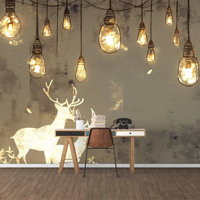 Vintage Deer and Bulb Mural Wallpaper Beige Brown and Gold Deer Mural Wallpaper - pure wallpaper artwork
