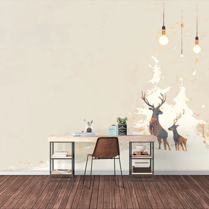 Minimalist Deer and Bulb Mural Wallpaper Beige Brown and White Mural Wallpaper