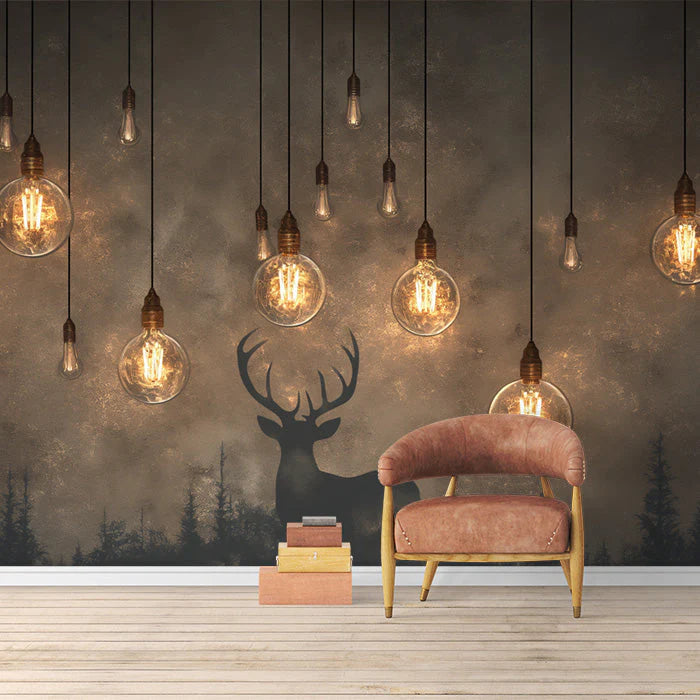 Dark Forest and Deer Mural Wallpaper Black Brown and Dark Green Deer Mural Wallpaper