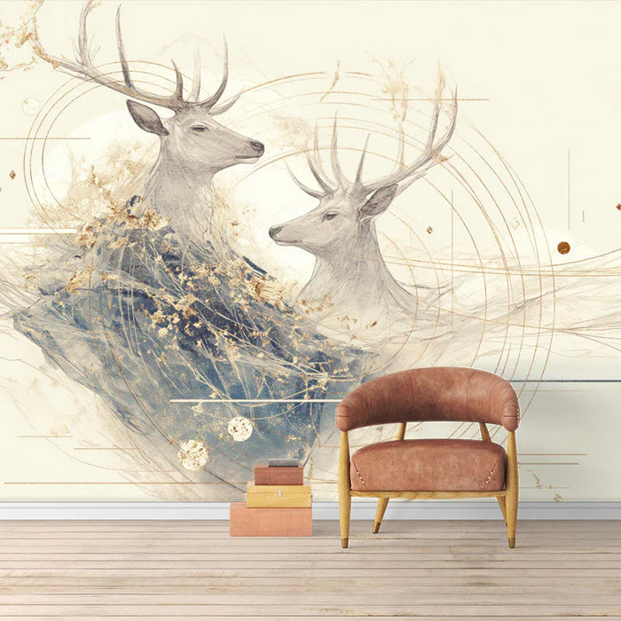 Abstract Deer and Geometric Mural Wallpaper Beige Blue and Gold Mural Wallpaper - pure wallpaper artwork