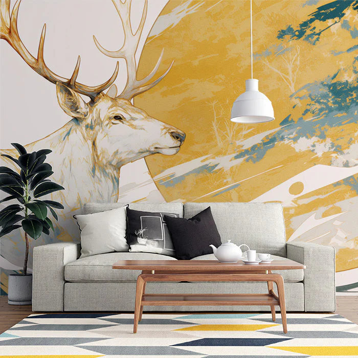 Yellow and Blue Deer Mural Wallpaper Yellow Blue and White Deer Mural Wallpaper