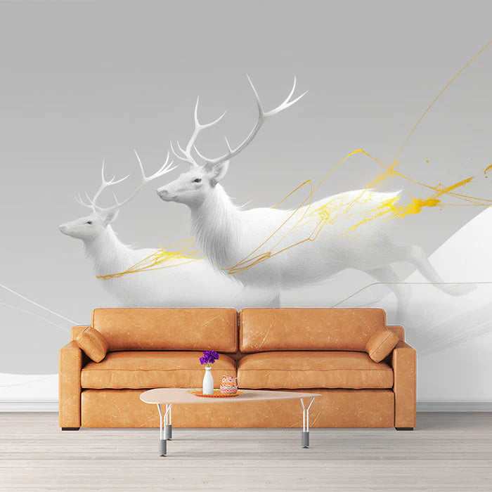 White Deer with Gold Streaks Mural Wallpaper for a&nbsp; commercial space White Gray and Gold Deers Mural Wallpaper - pure wallpaper artwork