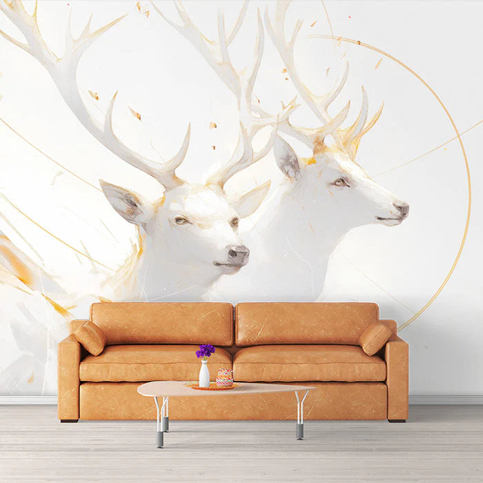 White Deer with Gold Accents Mural Wallpaper for a hotel or office lounge White Gold and Beige Deer Mural Wallpaper - pure wallpaper artwork