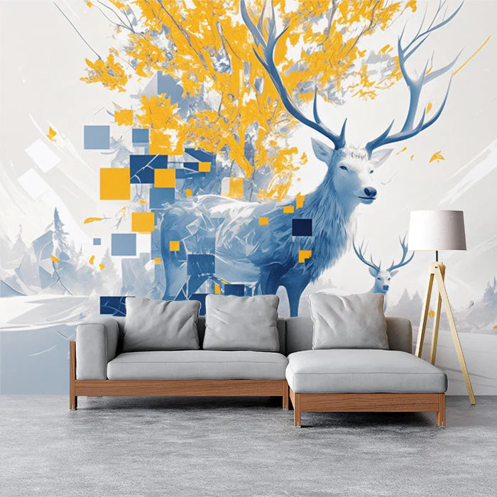 Blue Deer with Yellow and Blue Geometric Mural Wallpaper Blue Yellow and White Mural Wallpaper - pure wallpaper artwork