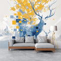 Blue Deer with Yellow and Blue Geometric Mural Wallpaper Blue Yellow and White Mural Wallpaper - pure wallpaper artwork