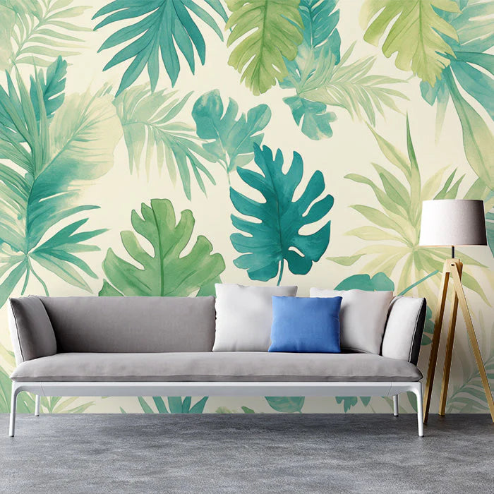 Tropical Leaf Mural Wallpaper Green Blue and Beige Leaves Mural Wallpaper - pure wallpaper artwork