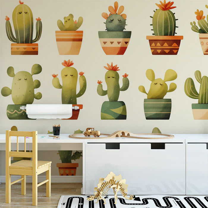 Cute Cactus Pattern Mural Wallpaper Green Orange and Beige Cactus Mural Wallpaper