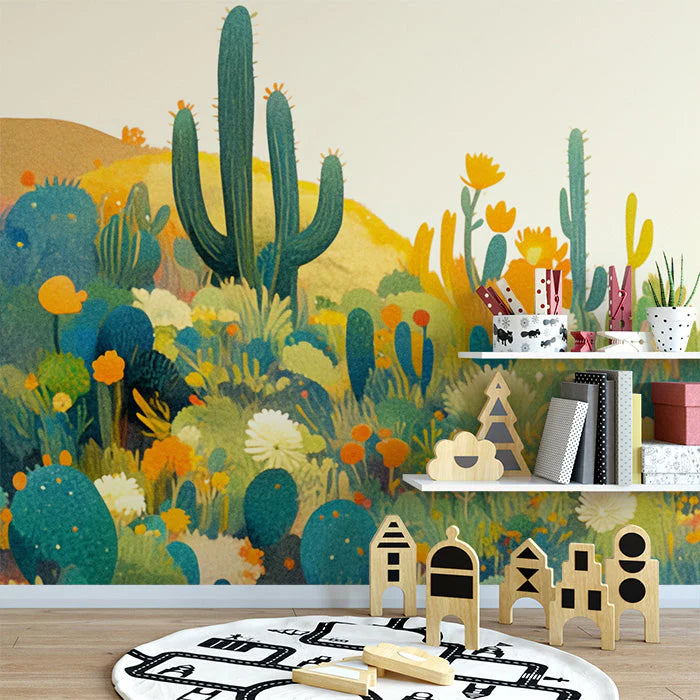 Colorful Desert Cactus Mural Wallpaper Green Yellow Blue and Orange Cactus Mural Wallpaper