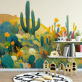 Colorful Desert Cactus Mural Wallpaper Green Yellow Blue and Orange Cactus Mural Wallpaper - pure wallpaper artwork