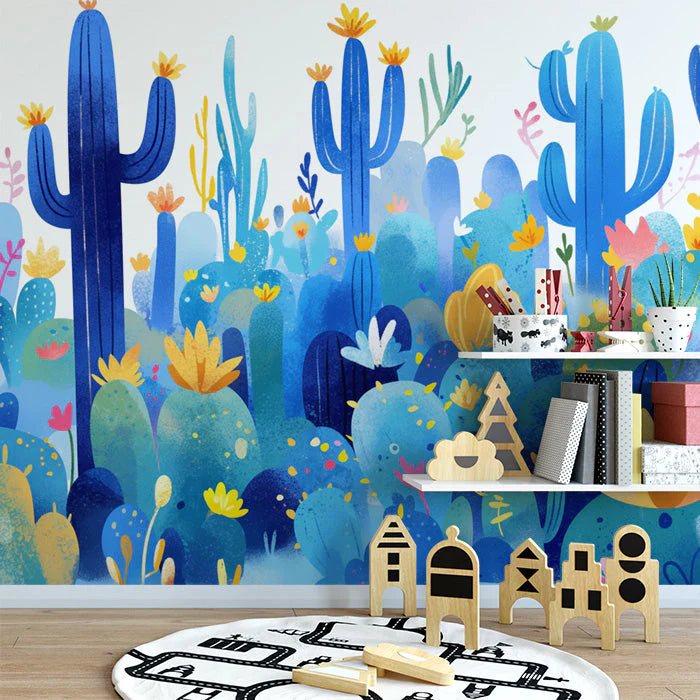 Blue Desert Cactus Mural Wallpaper Blue Yellow and Green Cactus Mural Wallpaper - pure wallpaper artwork