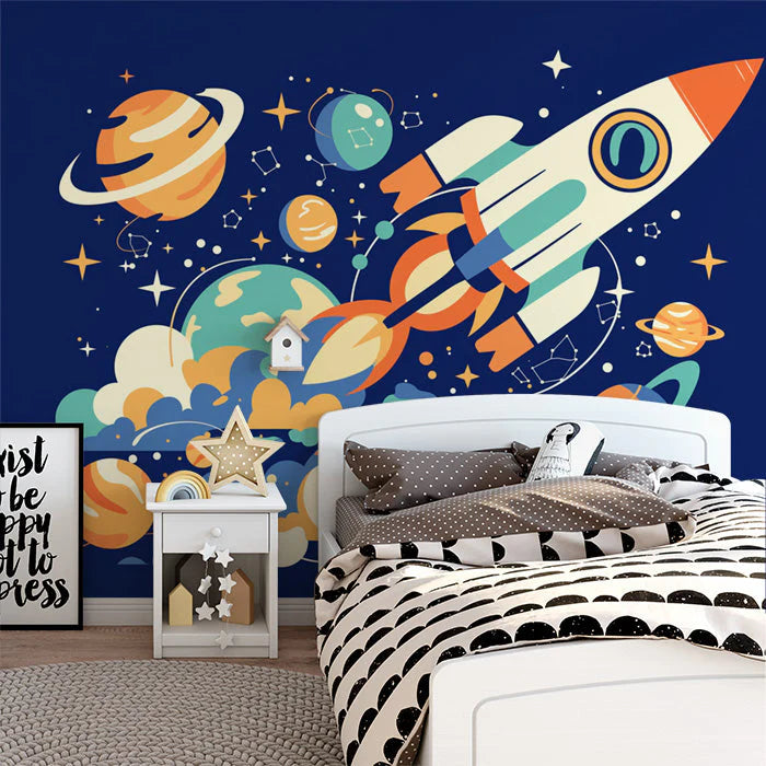 Space Rocket and Planets Mural Wallpaper Blue Orange Yellow and White Rocket and Planets Mural Wallpaper - pure wallpaper artwork