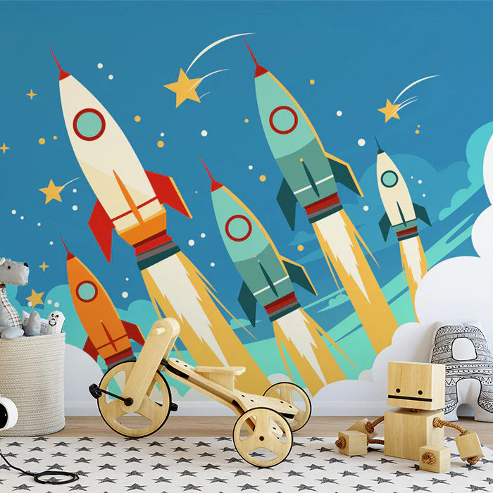Multiple Rockets Mural Wallpaper Blue Orange Yellow and Green Rockets Mural Wallpaper - pure wallpaper artwork