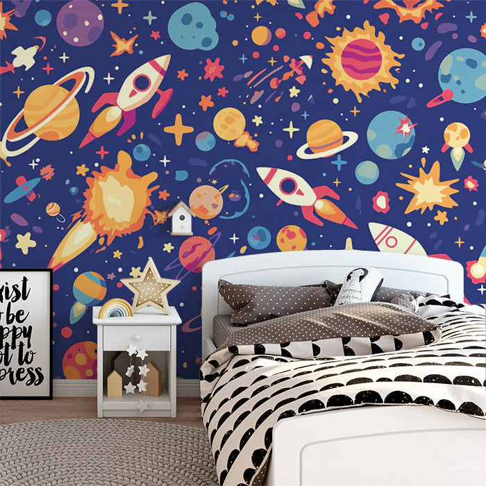 Space Elements Mural Wallpaper Blue Purple Orange Yellow and White Space Mural Wallpaper