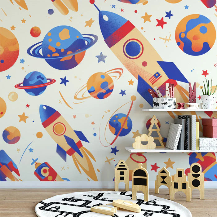 Space Rocket and Planets Pattern Mural Wallpaper Blue Orange Yellow and Red Rocket and Planet Mural Wallpaper - pure wallpaper artwork
