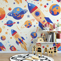 Space Rocket and Planets Pattern Mural Wallpaper Blue Orange Yellow and Red Rocket and Planet Mural Wallpaper - pure wallpaper artwork