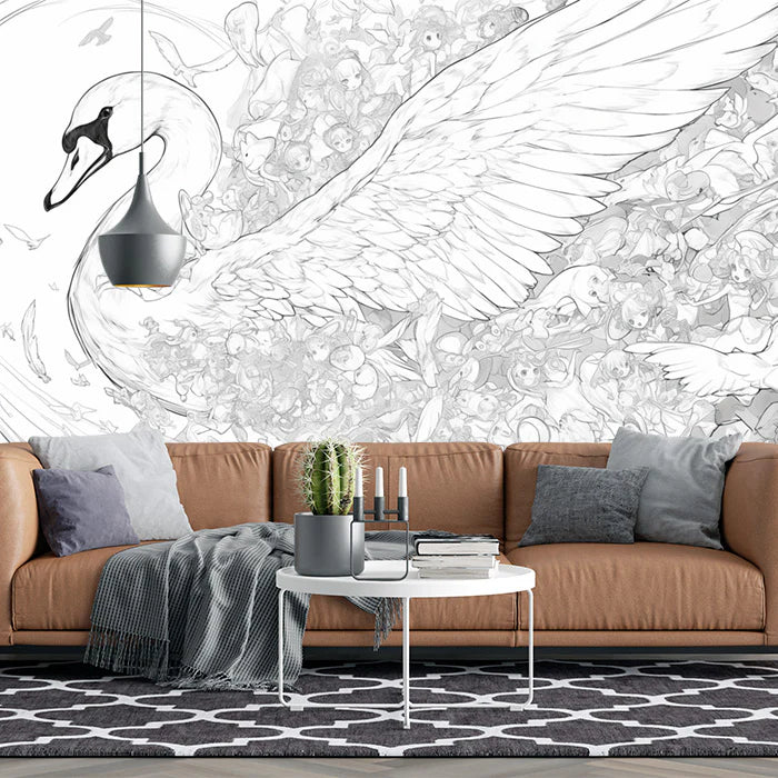 Swan and Fantasy Elements Mural Wallpaper Black, White and Gray Swan Mural Wallpaper - pure wallpaper artwork