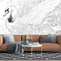Swan and Fantasy Elements Mural Wallpaper Black, White and Gray Swan Mural Wallpaper - pure wallpaper artwork