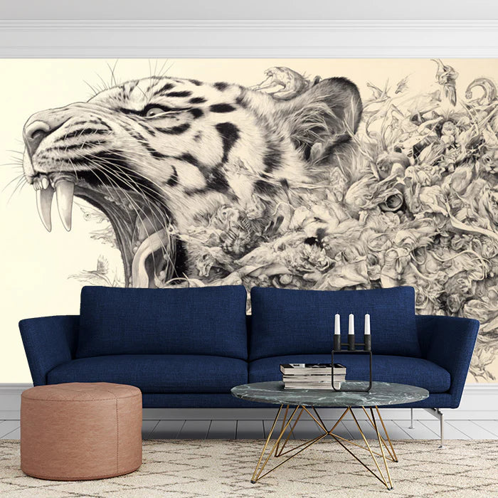 Tiger and Intricate Scene Mural Wallpaper Black, White and Beige tiger -1 Mural Wallpaper