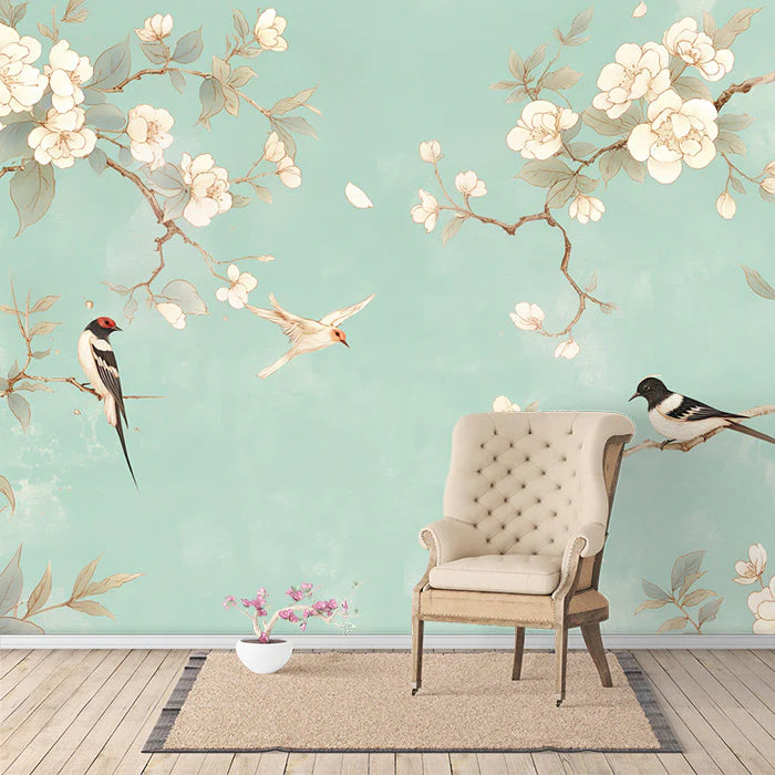 Bird and Flower Branch Mural Wallpaper for a reading room Green, White and Light Blue Mural Wallpaper