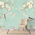 Bird and Flower Branch Mural Wallpaper for a reading room Green, White and Light Blue Mural Wallpaper - pure wallpaper artwork