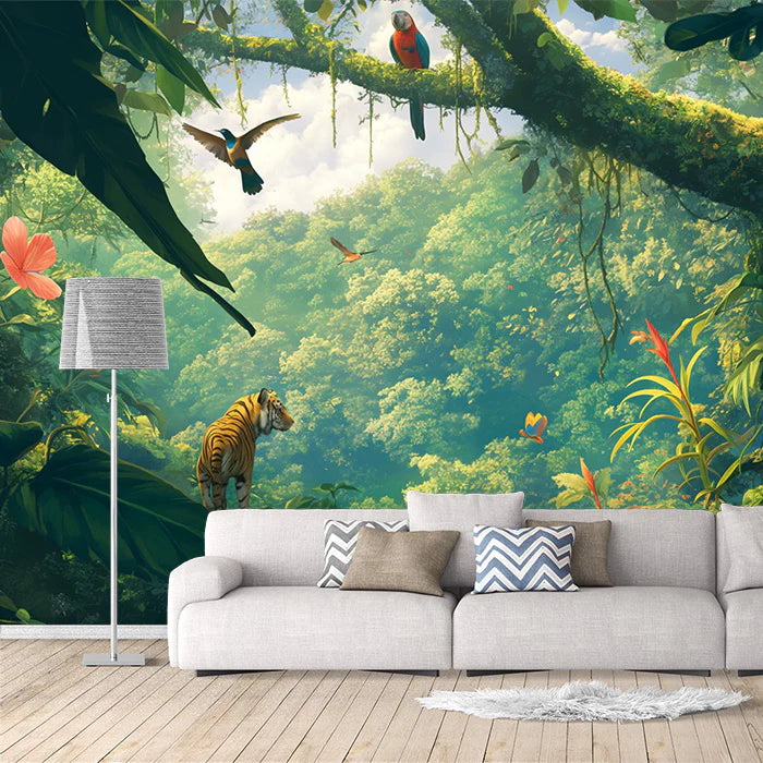 Tropical Jungle with Tiger Mural Wallpaper for a study room Green, Yellow and Blue Jungle Mural Wallpaper