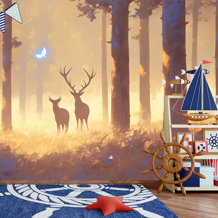 Golden Forest Deer Mural Wallpaper – Enchanted Woodland Scene for Kids' Room Mural Wallpaper - pure wallpaper artwork