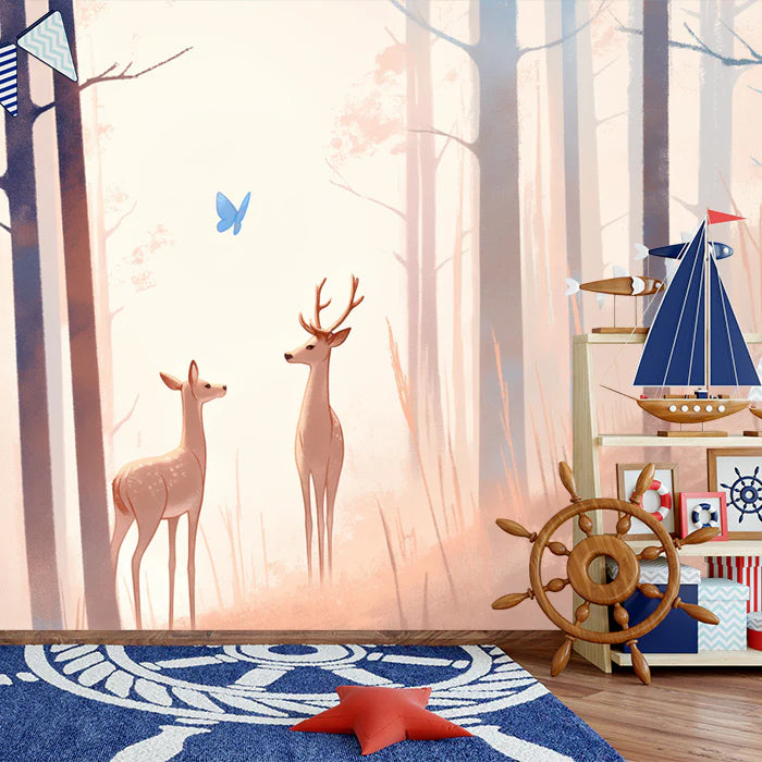 Vintage Deer in Forest Mural Wallpaper Brown, Yellow and Blue Deer -1 Mural Wallpaper - pure wallpaper artwork