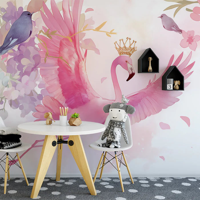 Pink Flamingo with Crown Mural Wallpaper for a study room Pink, Purple, Blue and White Flamingo Mural Wallpaper - pure wallpaper artwork
