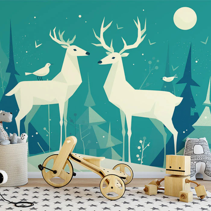 Teal Night Forest with Deer Mural Wallpaper Teal, White and Beige Deer -1 Mural Wallpaper - pure wallpaper artwork