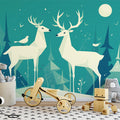 Teal Night Forest with Deer Mural Wallpaper Teal, White and Beige Deer -1 Mural Wallpaper - pure wallpaper artwork