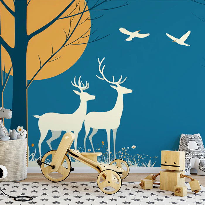 Teal Night Forest with Deer Mural Wallpaper Teal, White and Beige Deer -2 Mural Wallpaper