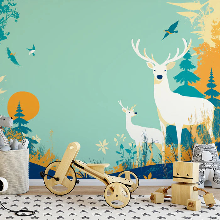 Teal Night Forest with Deer Mural Wallpaper Teal, White and Beige Deer -3 Mural Wallpaper - pure wallpaper artwork