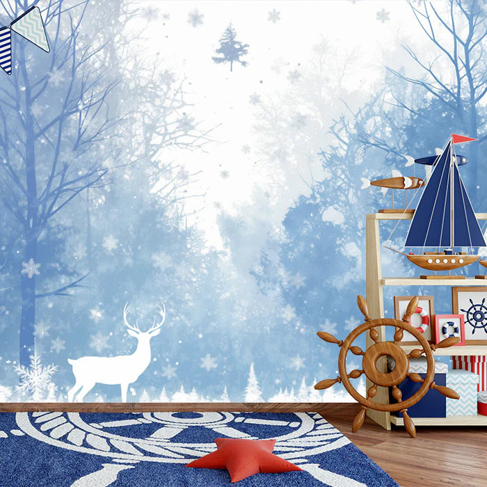 Blue Winter Forest with Deer Mural Wallpaper for a nursey Blue, White and Light Blue Forest -1 Mural Wallpaper