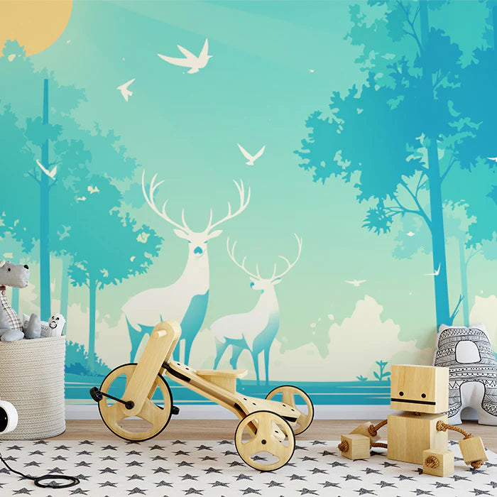 Green Forest with Deer Family Mural Wallpaper for a child's room Green, Yellow and Blue Deer Family Mural Wallpaper - pure wallpaper artwork