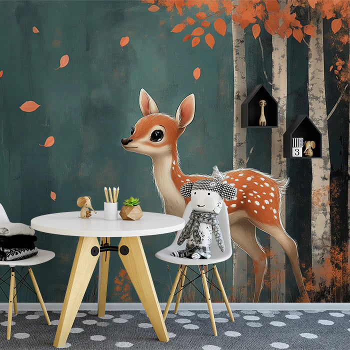 Blue Forest with Deer and Autumn Leaves Mural Wallpaper for a playroom Blue, Orange and White Dear Mural Wallpaper