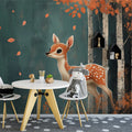 Blue Forest with Deer and Autumn Leaves Mural Wallpaper for a playroom Blue, Orange and White Dear Mural Wallpaper - pure wallpaper artwork