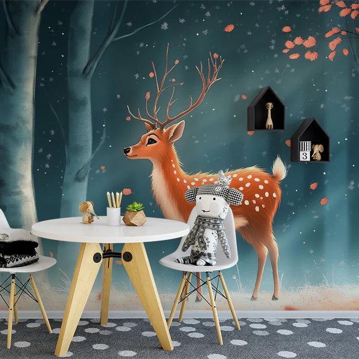 Blue Forest with Deer and Autumn Leaves Mural Wallpaper for a Nursey Blue, Orange and White Dear Mural Wallpaper - pure wallpaper artwork