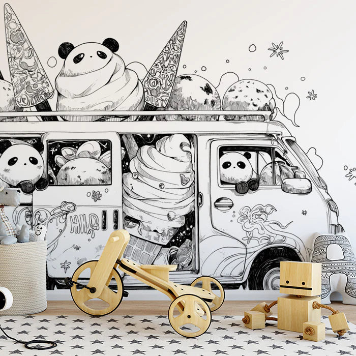 Black and White Panda Ice Cream Van Mural Wallpaper Black, White and Gray Panda -1 Mural Wallpaper