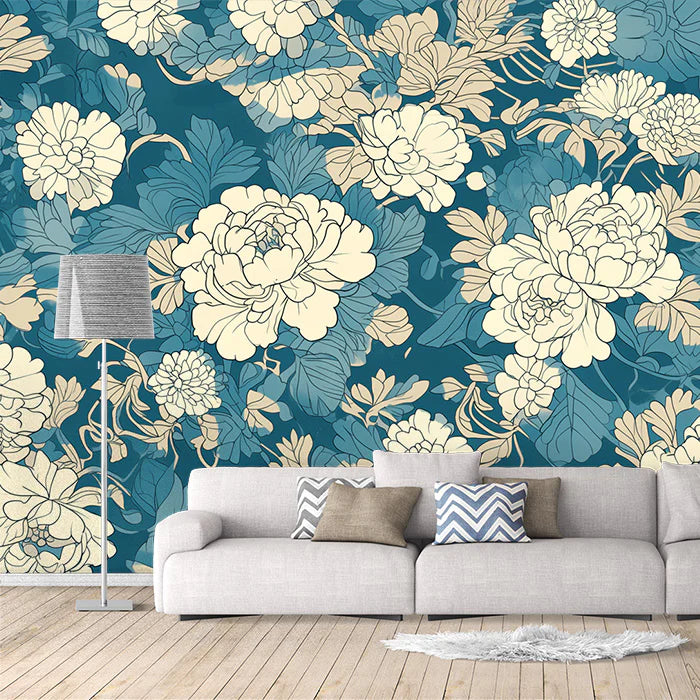 Teal and Cream Floral Mural Wallpaper Teal, Cream and Light Blue Flower -1 Mural Wallpaper
