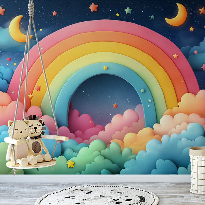 Rainbow and Stars Mural Wallpaper Blue, Pink, Yellow, Green and White Rainbow Stars -1 Mural Wallpaper - pure wallpaper artwork
